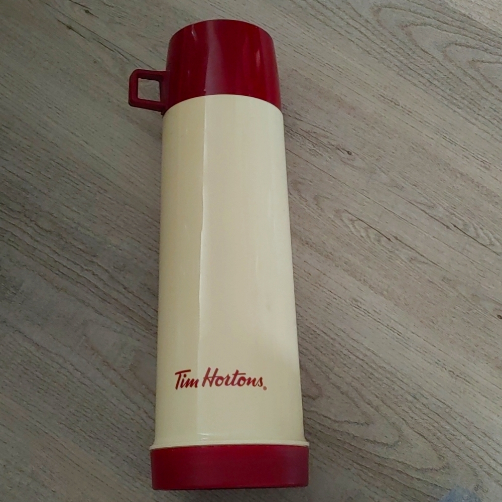 Vintage Tim Hortons 32 Oz Thermos Glass Linder Cream Red/Burgundy 13.5" Tall
